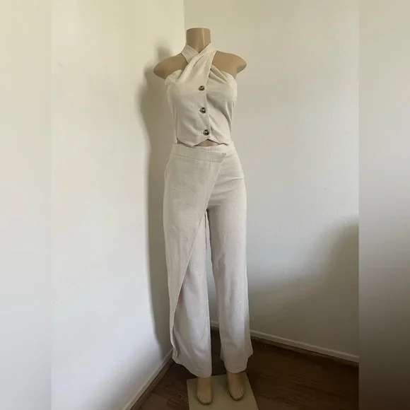Chic Linen Blend 2-Piece Set | Halter Crop Top & Wide Leg Pants Size Small - Picture 1 of 9